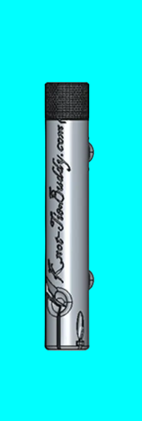 Silver and black cylindrical product with branding on a white background